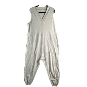 Zenana 1X Beige Sleeveless V Neck Jogger Jumpsuit Romper Wide Leg Pockets